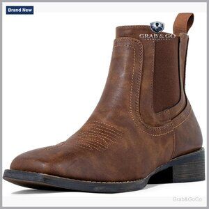 Men's Western Square Toe Ankle Chelsea Boots, Faux Leather, Pull-On